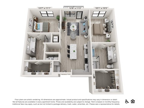 Floor plan for 2 beds, 2 baths, 1229 sqft